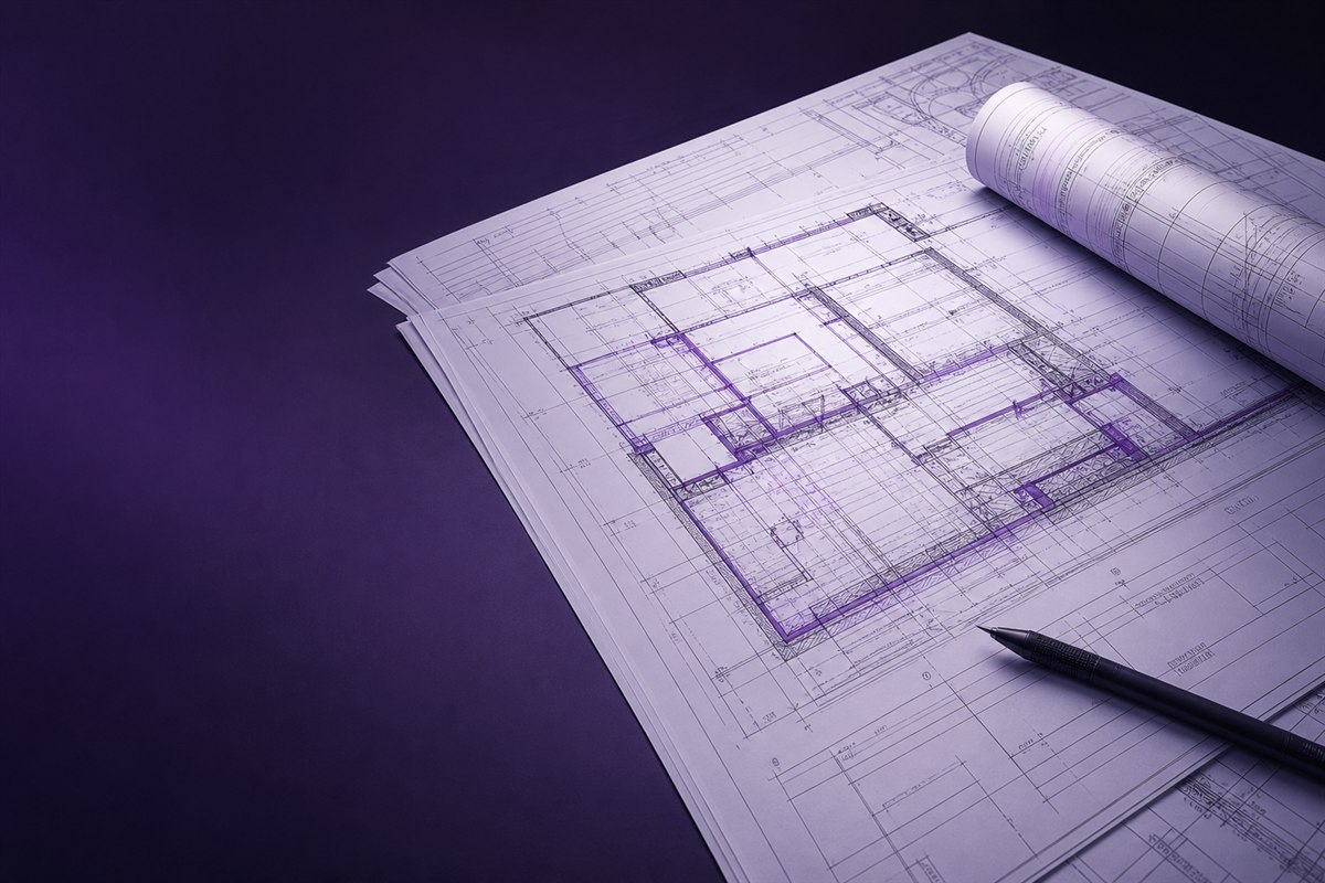 Architectural construction drawing set with rolled plan and drafting pen