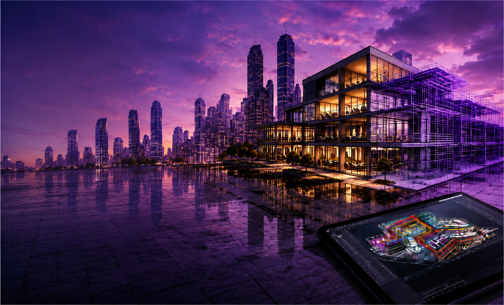 Contemporary architectural project transitioning from a finished building into a coordinated BIM model